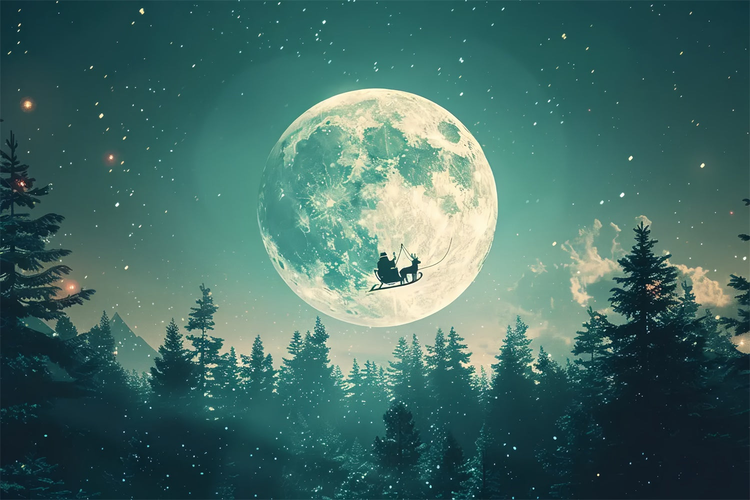 Toile de Fond Traîneau du Père Noël Volant sous la Lune de Noël BRP8-73