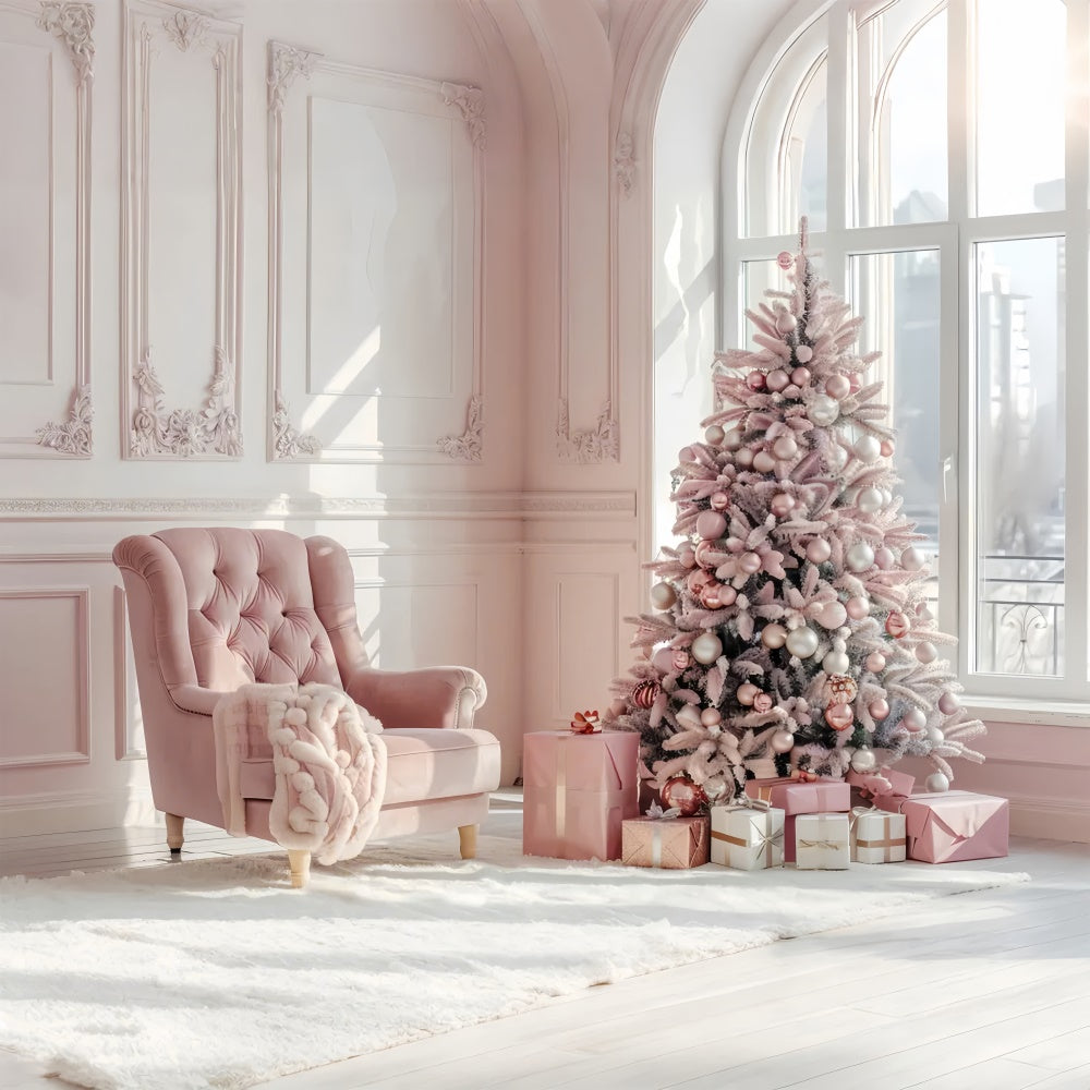 Toile de Fond Élégant Arbre de Noël Rose avec Cadeaux BRP8-75