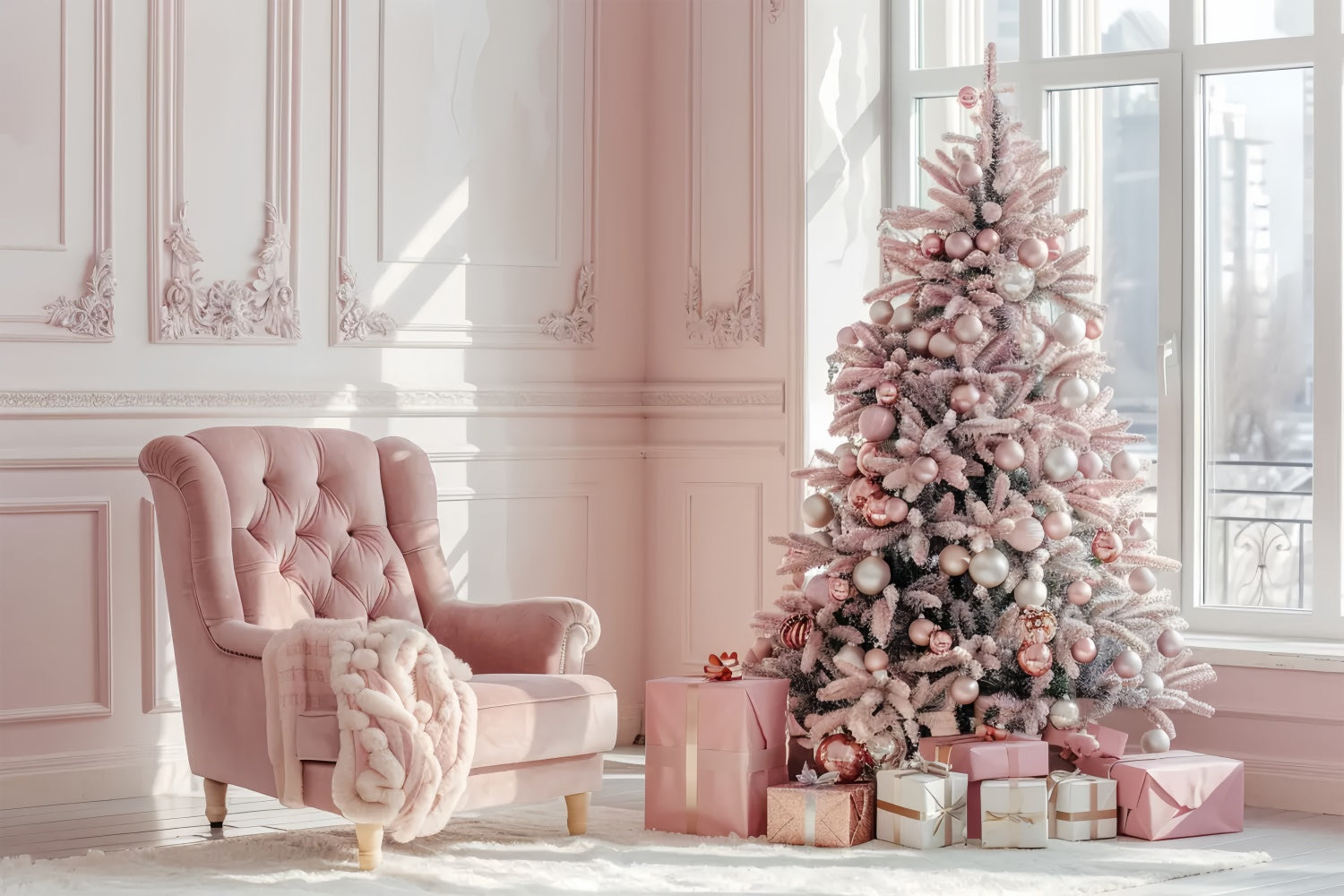 Toile de Fond Élégant Arbre de Noël Rose avec Cadeaux BRP8-75