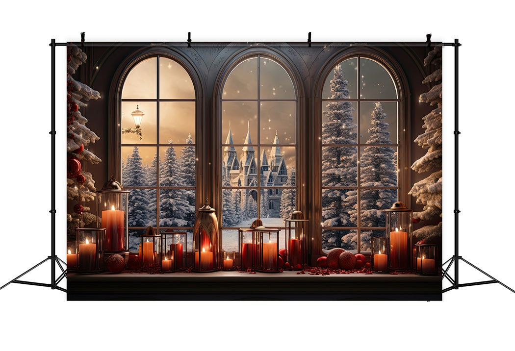 Toile de Fond Château Enneigé avec Fenêtre Illuminée de Noël BRP8-79