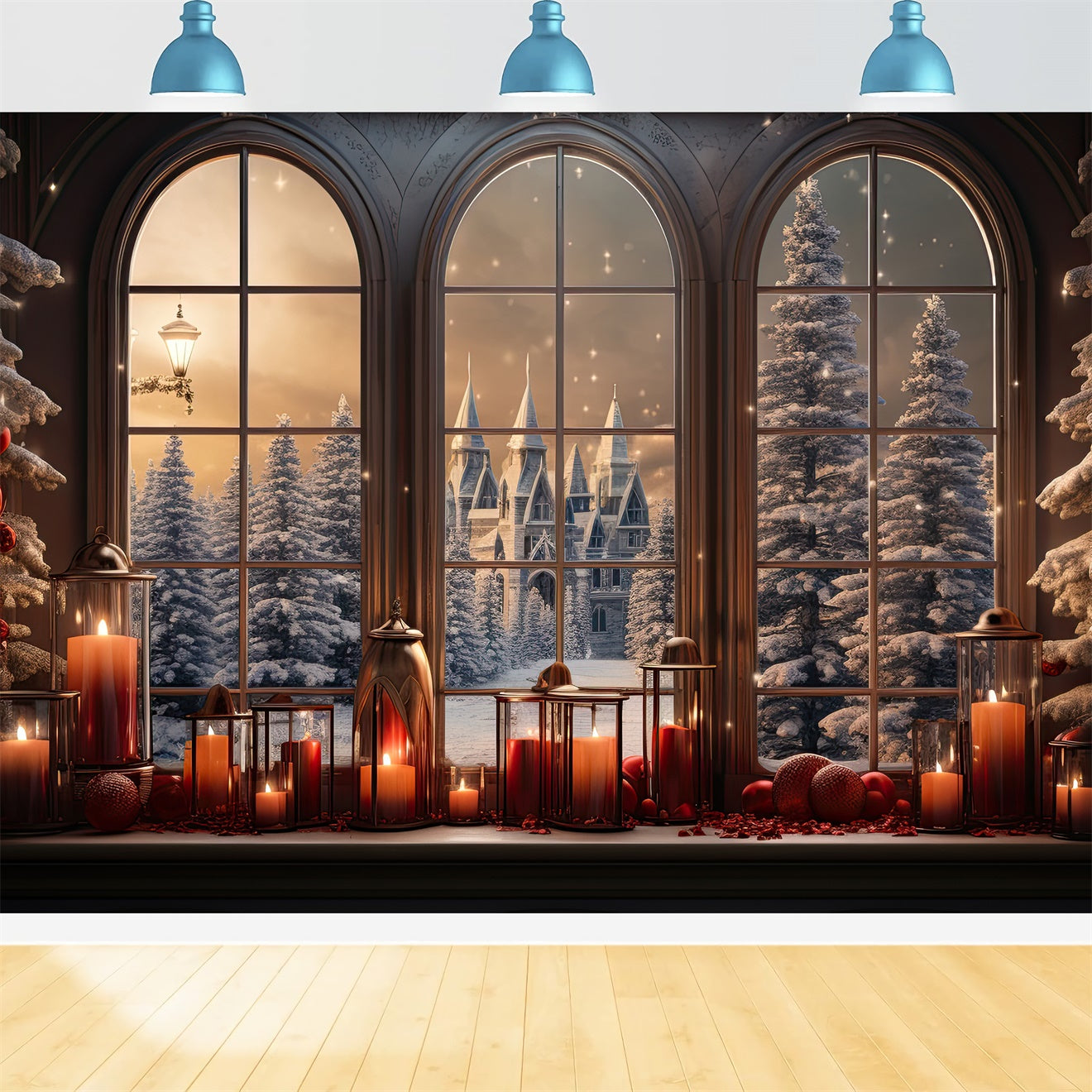 Toile de Fond Château Enneigé avec Fenêtre Illuminée de Noël BRP8-79