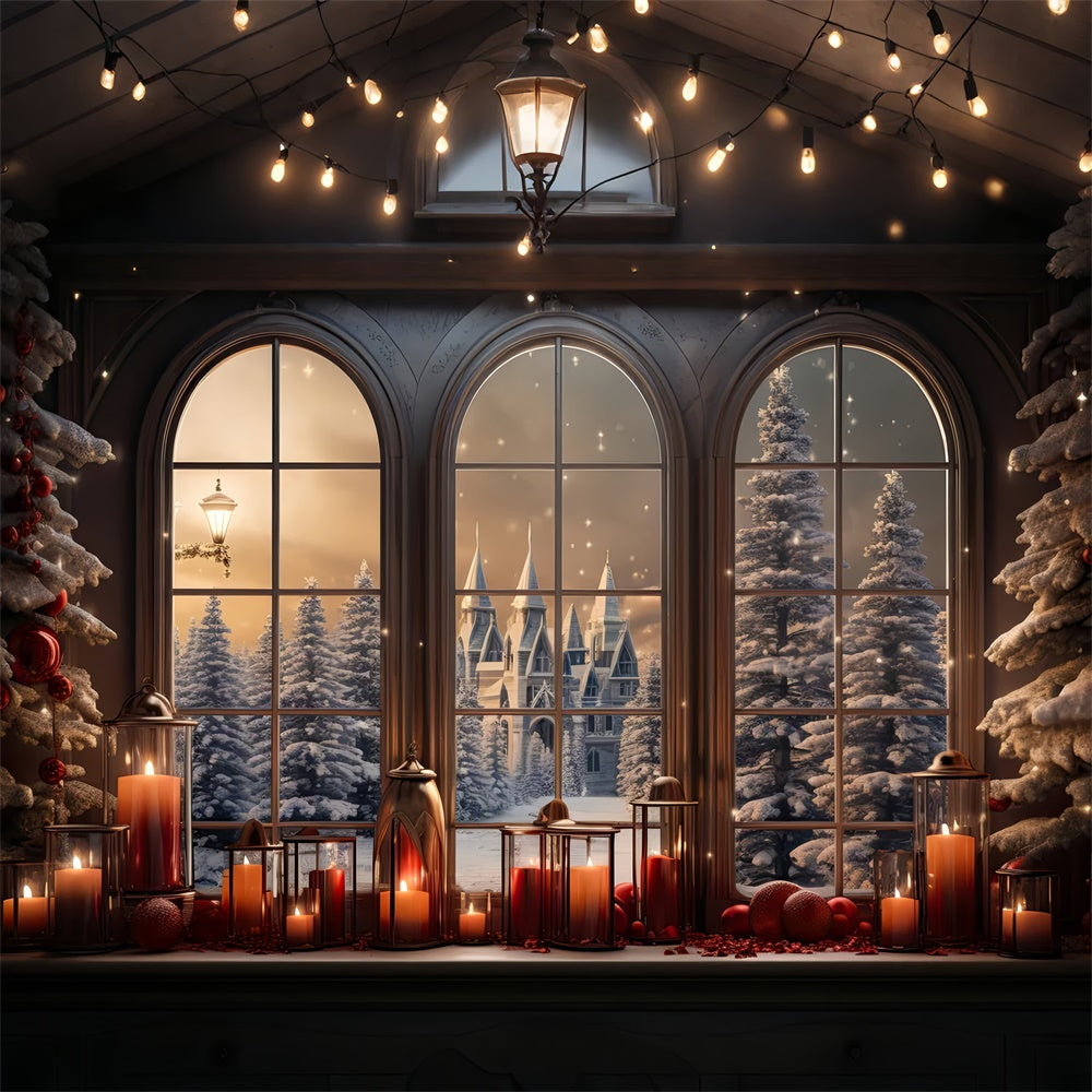 Toile de Fond Château Enneigé avec Fenêtre Illuminée de Noël BRP8-79