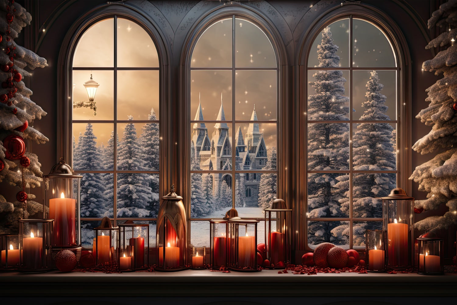 Toile de Fond Château Enneigé avec Fenêtre Illuminée de Noël BRP8-79