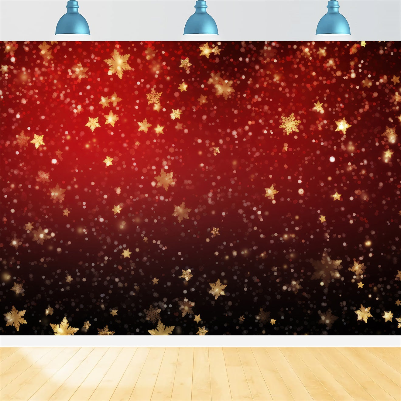Toile de Fond Chute de Neige Dorée sur Fond Écarlate de Noël BRP8-88