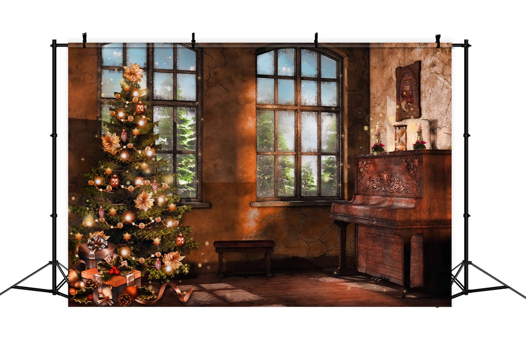 Toile de Fond Noël Vintage avec Piano et Arbre BRP8-89
