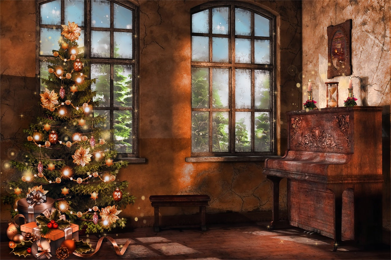 Toile de Fond Noël Vintage avec Piano et Arbre BRP8-89
