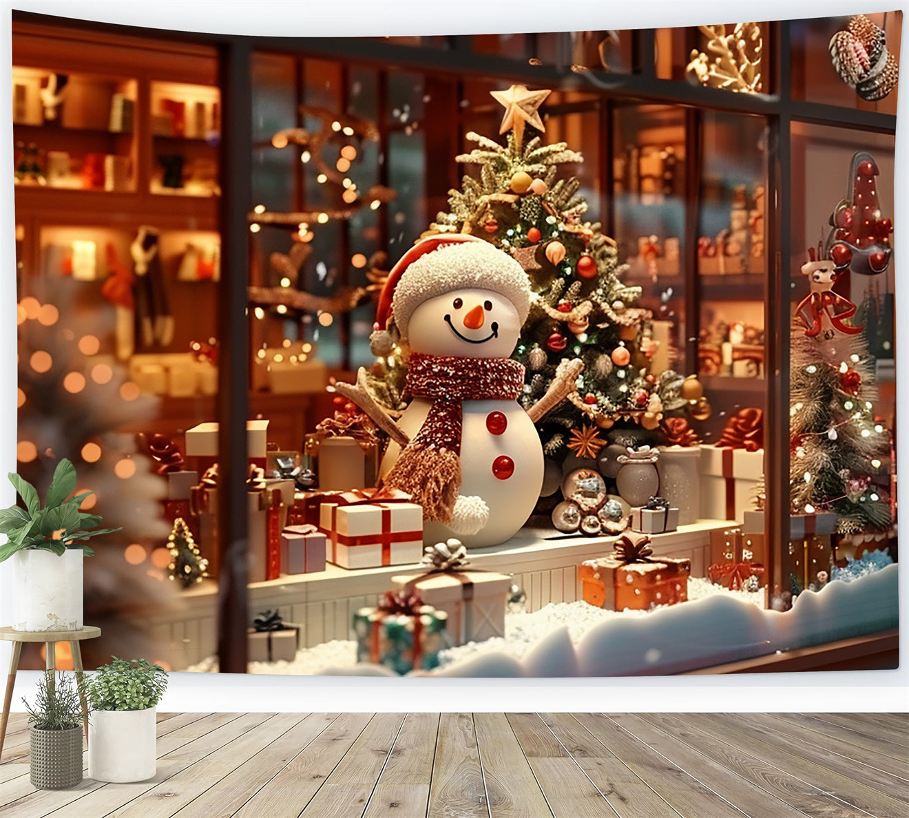Toile de Fond Bonhomme de Neige et Cadeaux à la Fenêtre de Noël BRP8-95