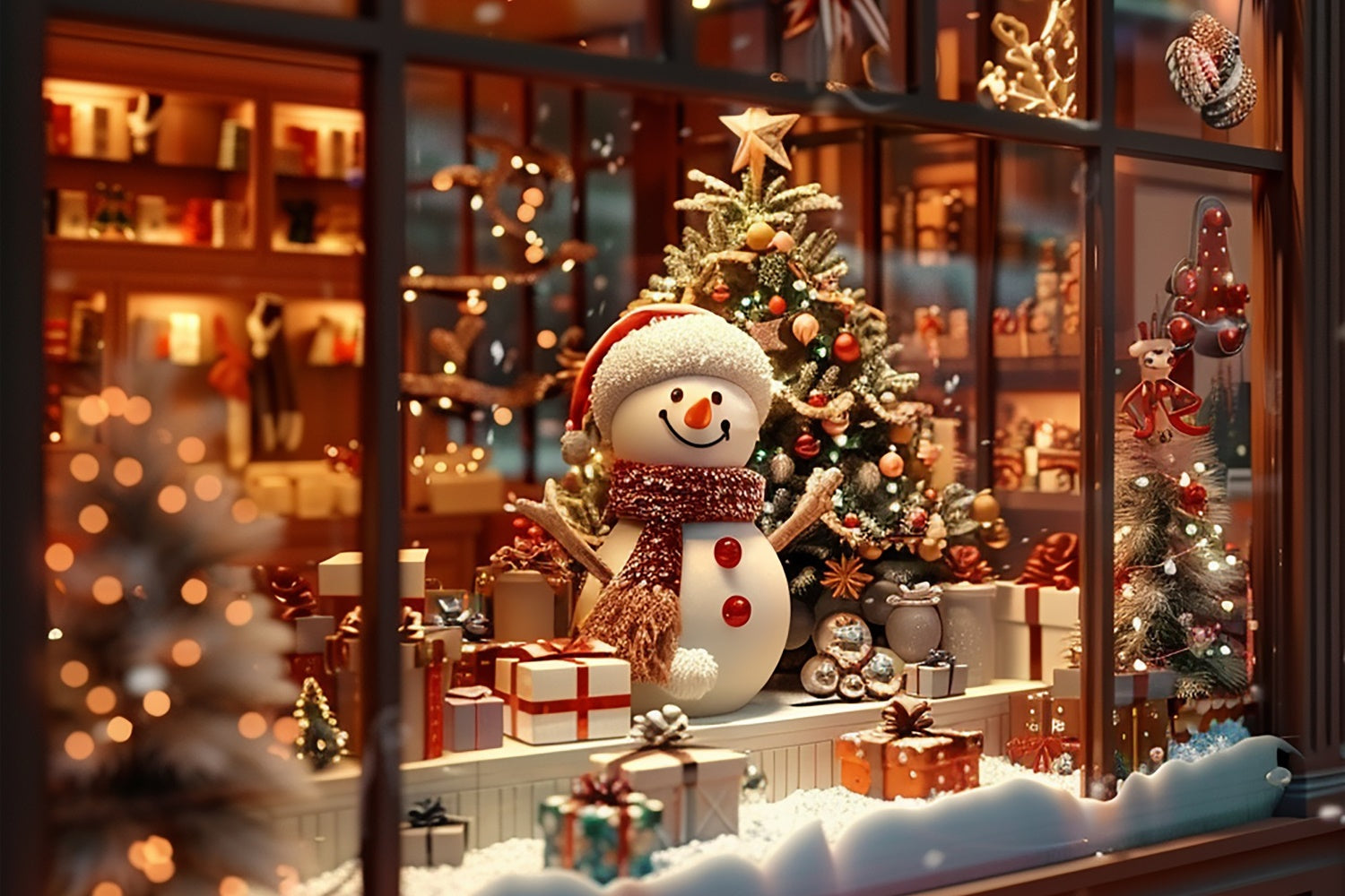 Toile de Fond Bonhomme de Neige et Cadeaux à la Fenêtre de Noël BRP8-95