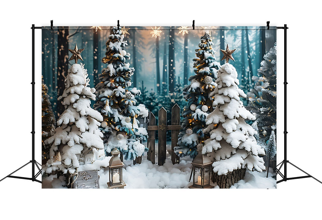 Toile de Fond Sapins Enneigés Illuminés par les Étoiles de Noël BRP8-96