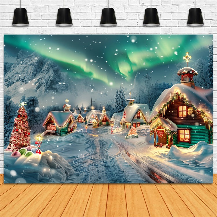 Toile de fond Chalets enneigés de Noël avec aurores boréales BRP9-100