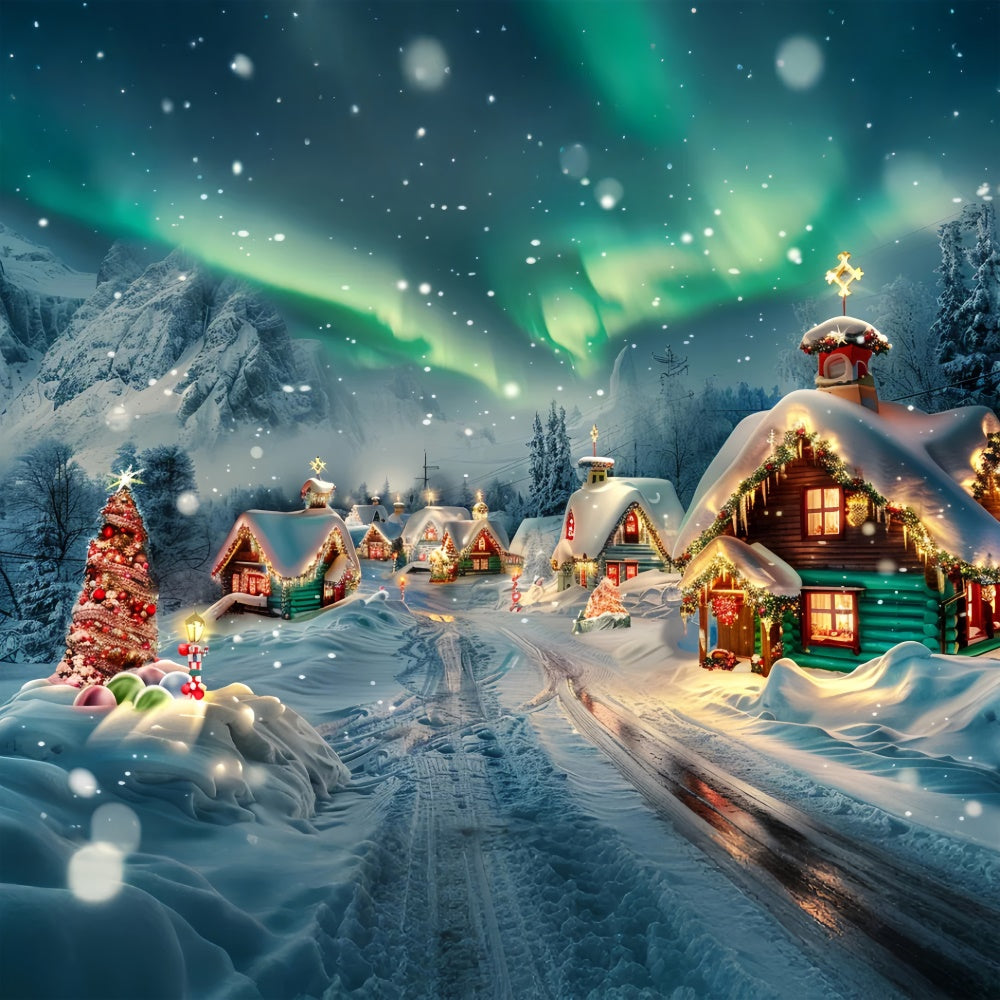 Toile de fond Chalets enneigés de Noël avec aurores boréales BRP9-100