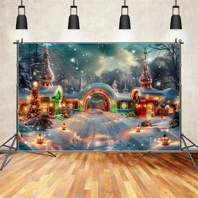 Toile de fond Lanternes de Noël illuminées dans un village enneigé BRP9-102
