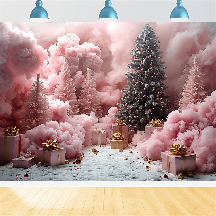 Toile de fond Forêt enchantée de Noël avec cadeaux et neige rose BRP9-103