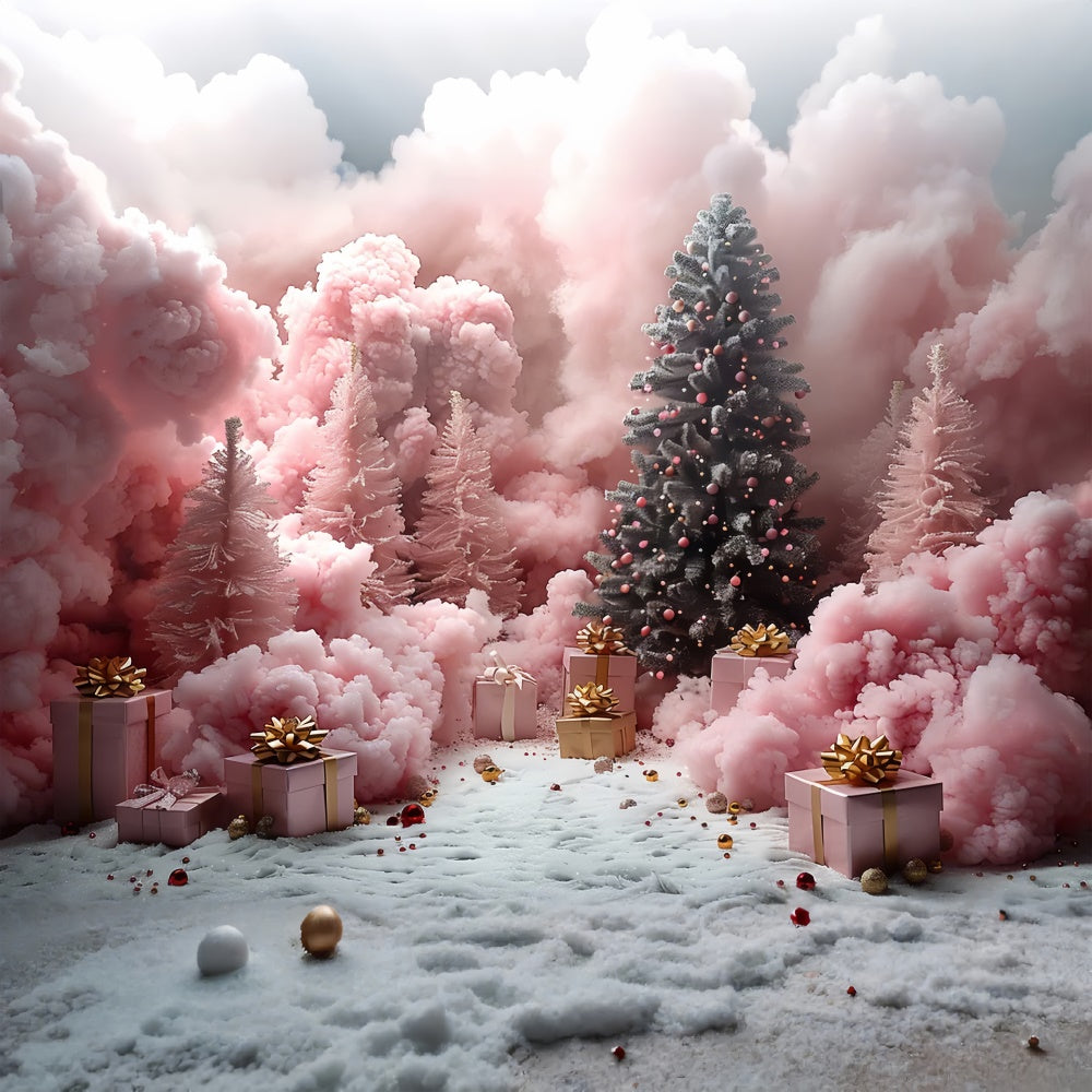 Toile de fond Forêt enchantée de Noël avec cadeaux et neige rose BRP9-103