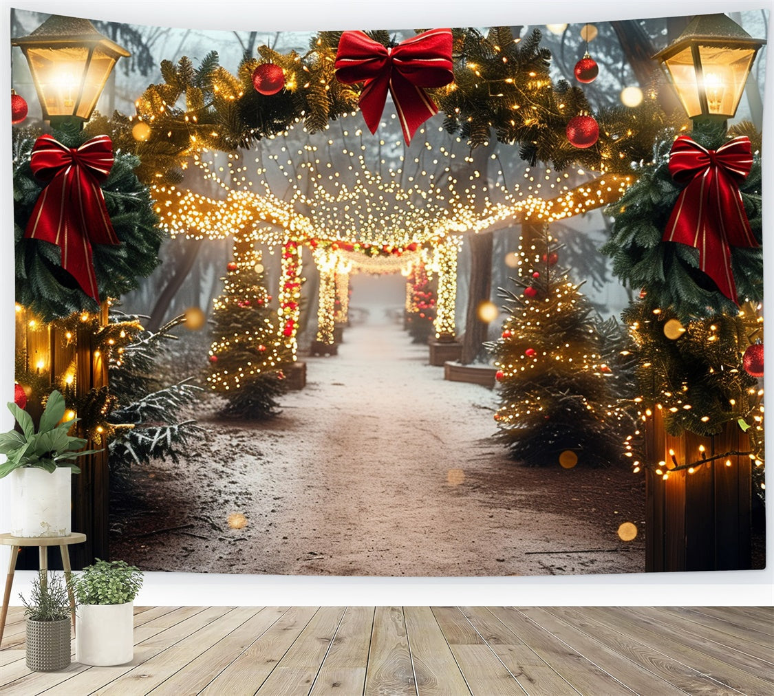 Toile de fond Allée de Noël avec couronne et nœud rouge lumineux BRP9-105