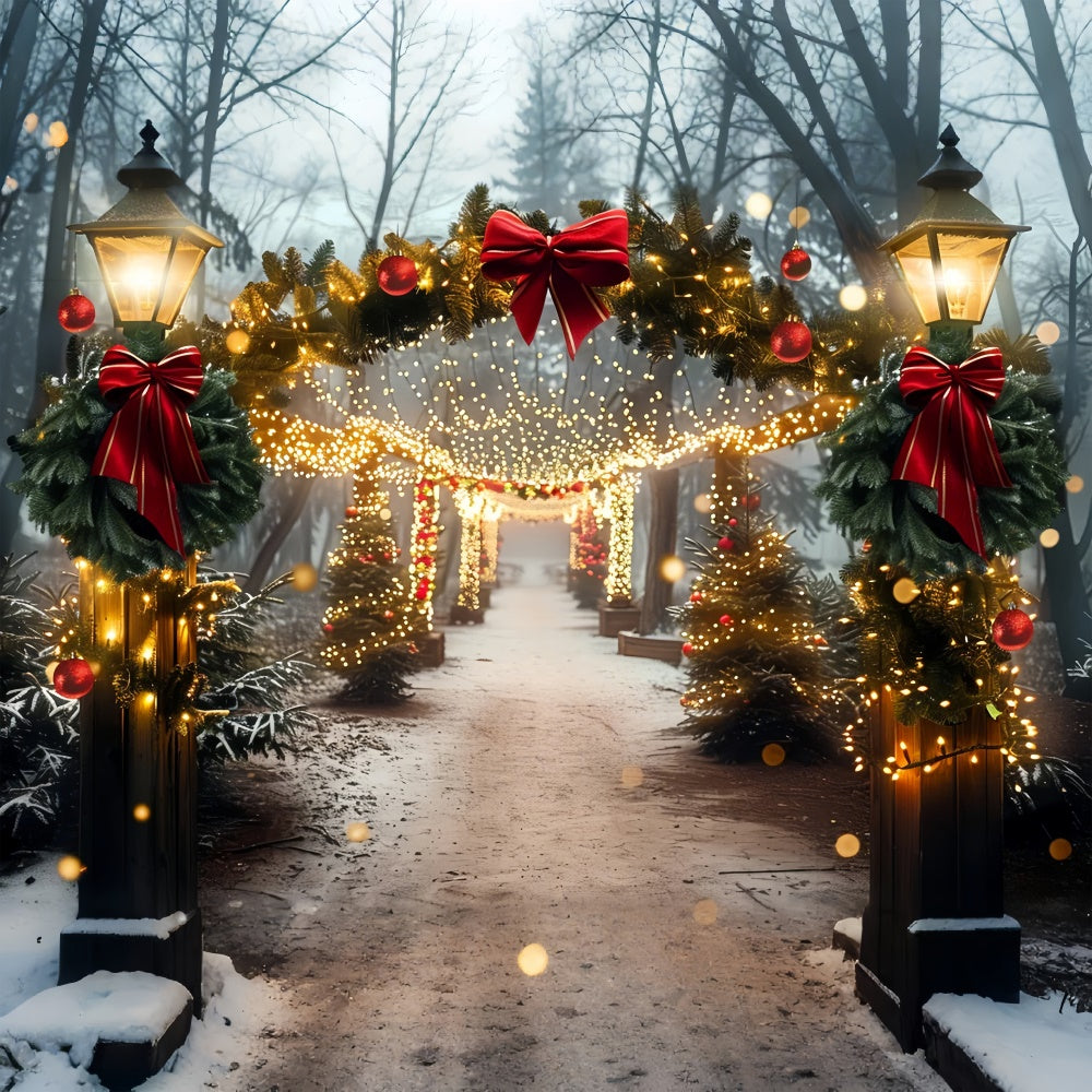 Toile de fond Allée de Noël avec couronne et nœud rouge lumineux BRP9-105
