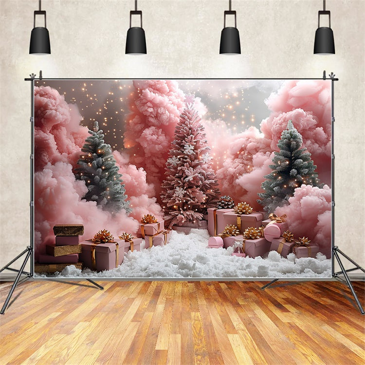 Toile de fond Sapins roses givrés avec cadeaux et neige BRP9-106