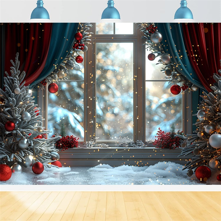 Toile de fond Fenêtre enneigée de Noël avec ornements scintillants BRP9-107
