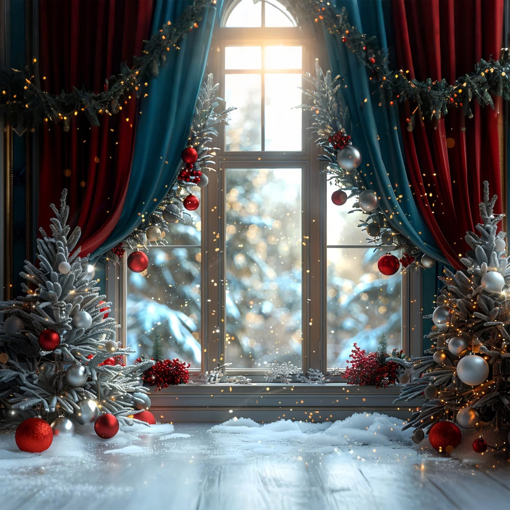 Toile de fond Fenêtre enneigée de Noël avec ornements scintillants BRP9-107