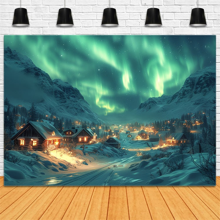 Toile de fond Aurores boréales au-dessus du village de Noël enneigé BRP9-108