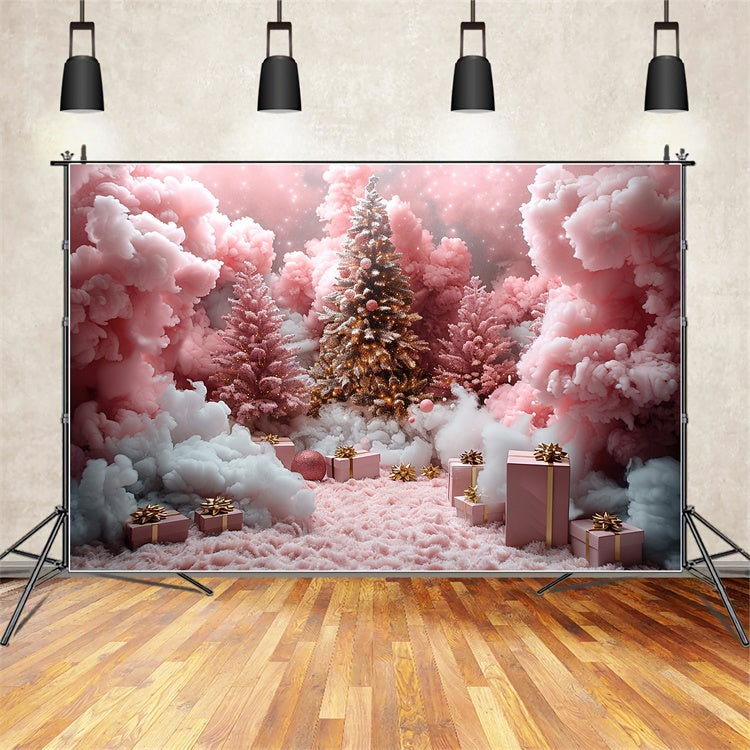 Toile de fond Nuages roses et cadeaux sous le sapin de Noël BRP9-110