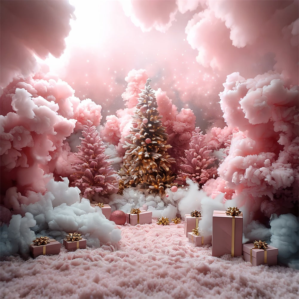 Toile de fond Nuages roses et cadeaux sous le sapin de Noël BRP9-110