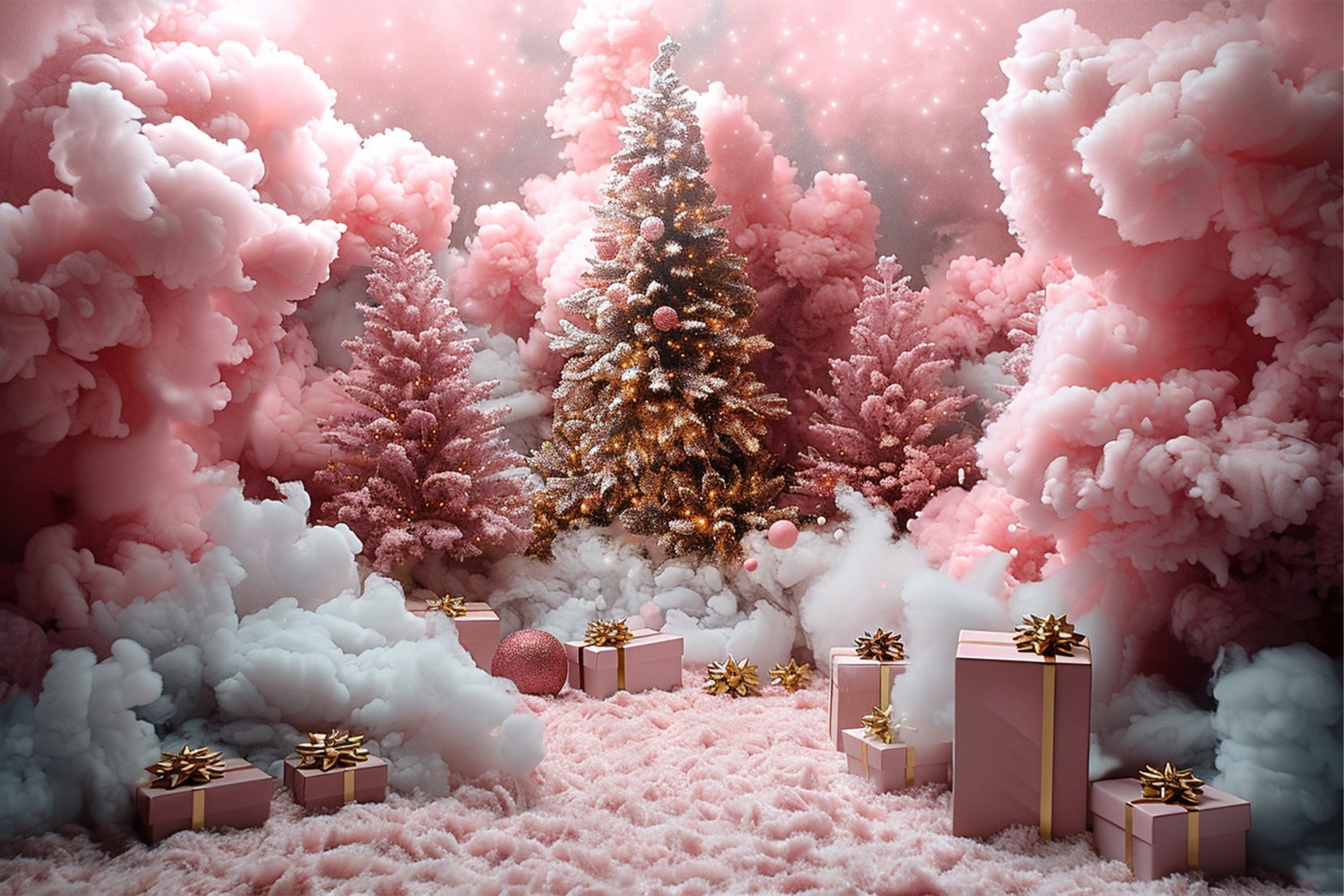 Toile de fond Nuages roses et cadeaux sous le sapin de Noël BRP9-110