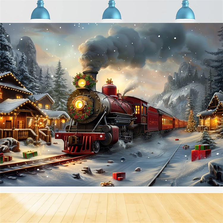 Toile de fond Train express vintage traversant le village enneigé de Noël BRP9-111