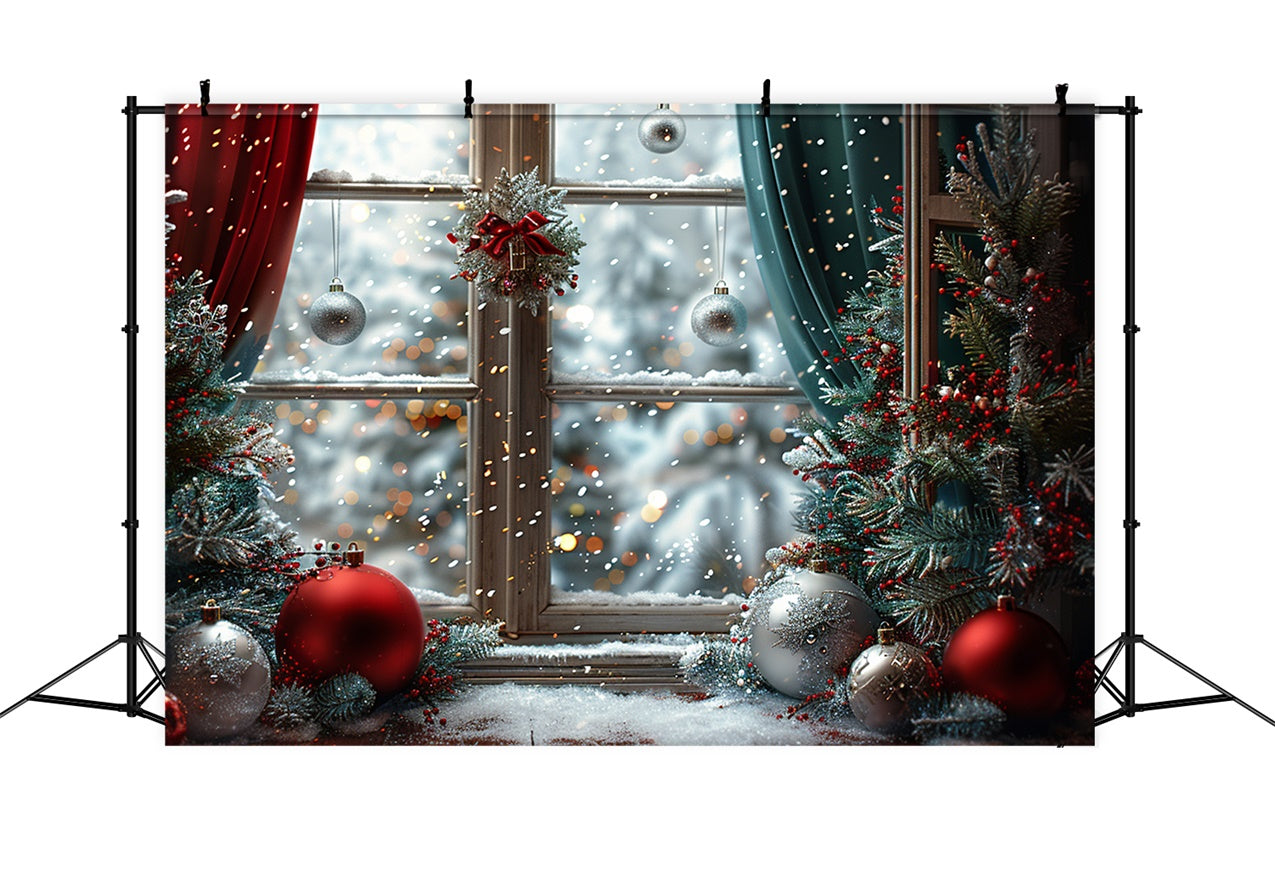 Toile de fond Fenêtre de Noël enneigée avec ornements festifs BRP9-116
