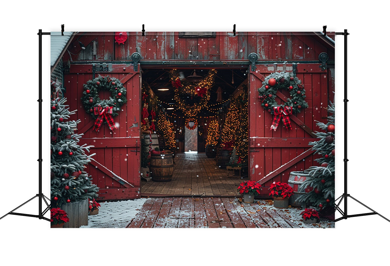 Toile de fond Pays des merveilles de Noël avec grange rustique sapin et couronne BRP9-117
