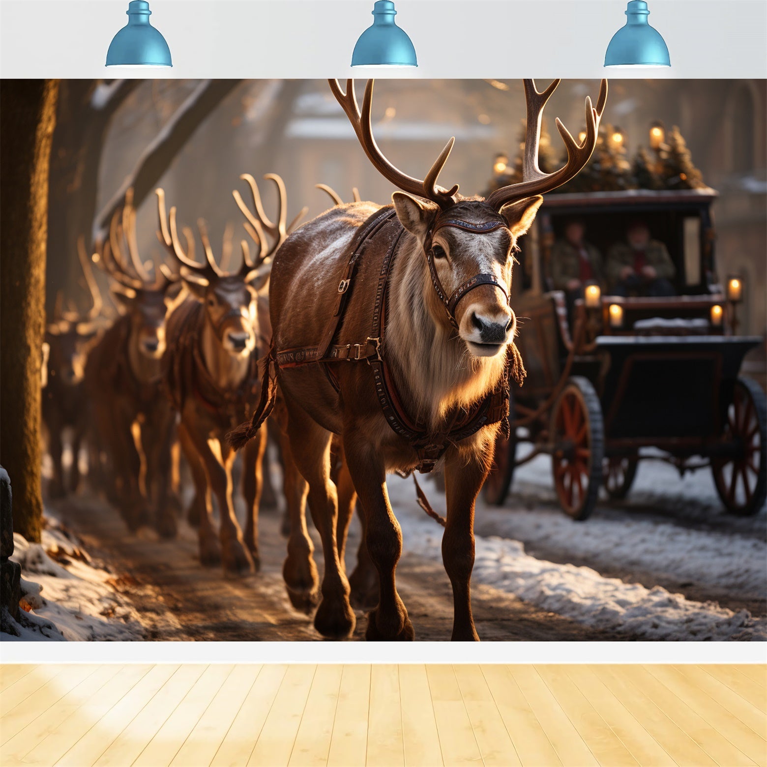 Toile de fond Lumières dorées et traîneau de Noël avec rennes BRP9-119