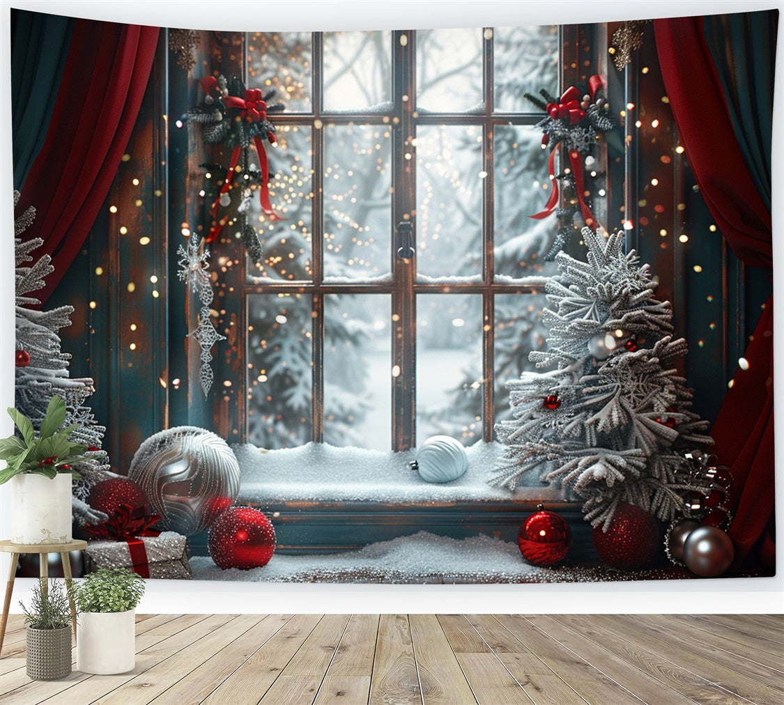 Toile de fond Décor rouge et vert avec fenêtre de Noël givrée BRP9-121