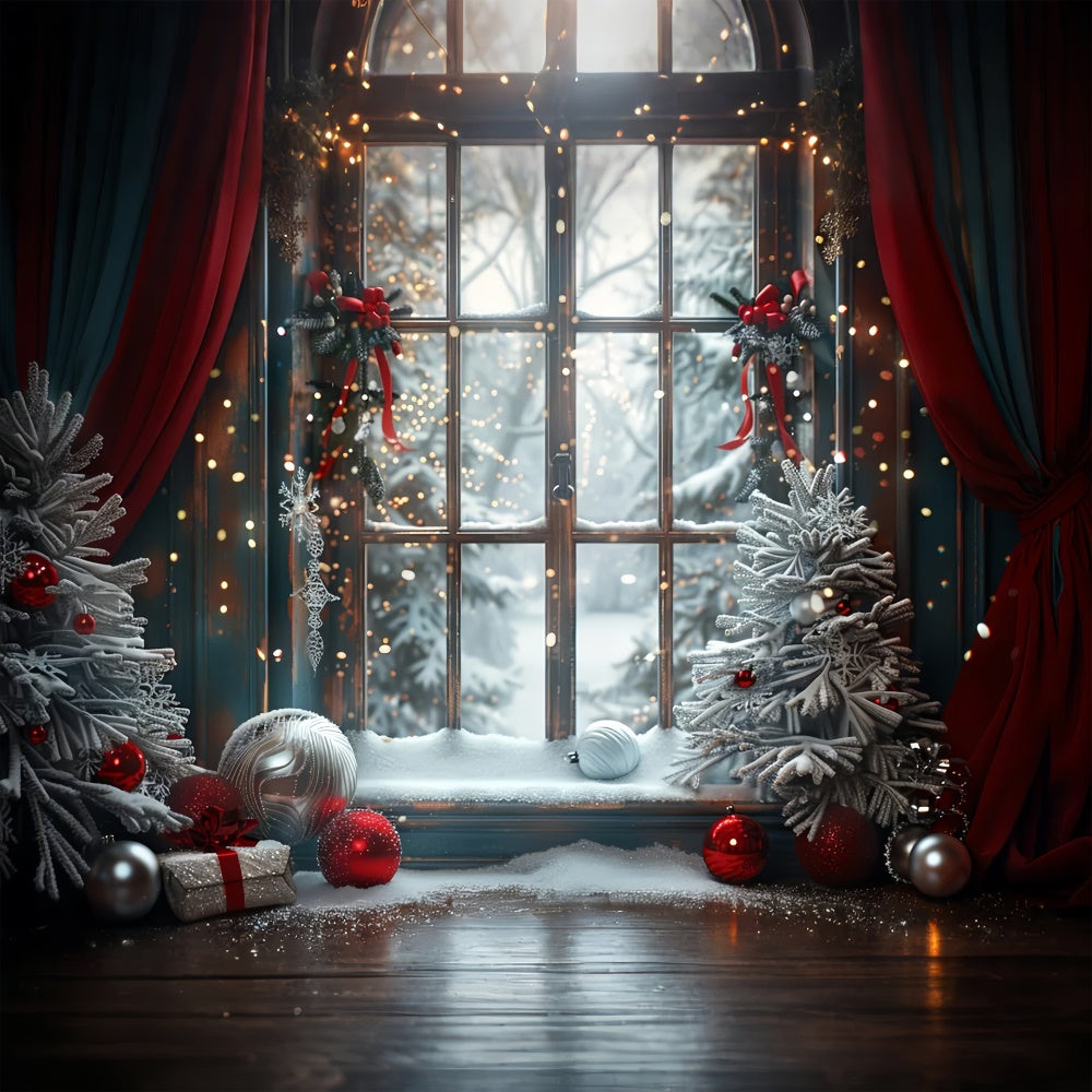 Toile de fond Décor rouge et vert avec fenêtre de Noël givrée BRP9-121