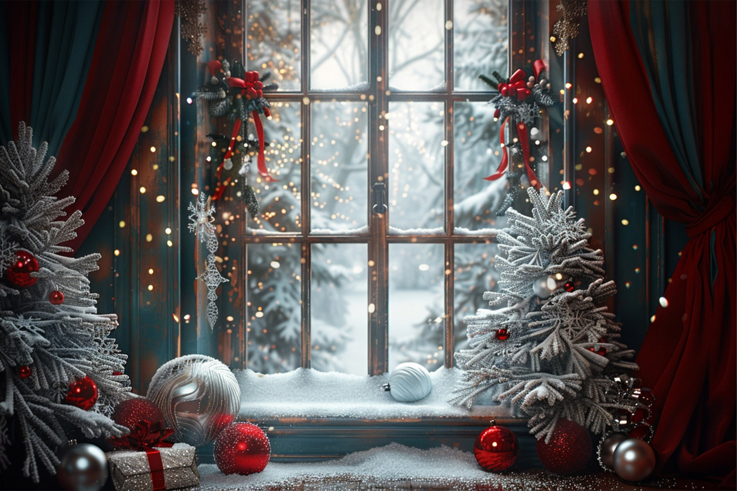 Toile de fond Décor rouge et vert avec fenêtre de Noël givrée BRP9-121