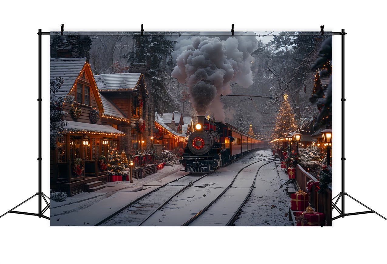 Toile de fond Train à vapeur de Noël et village décoré en hiver BRP9-122