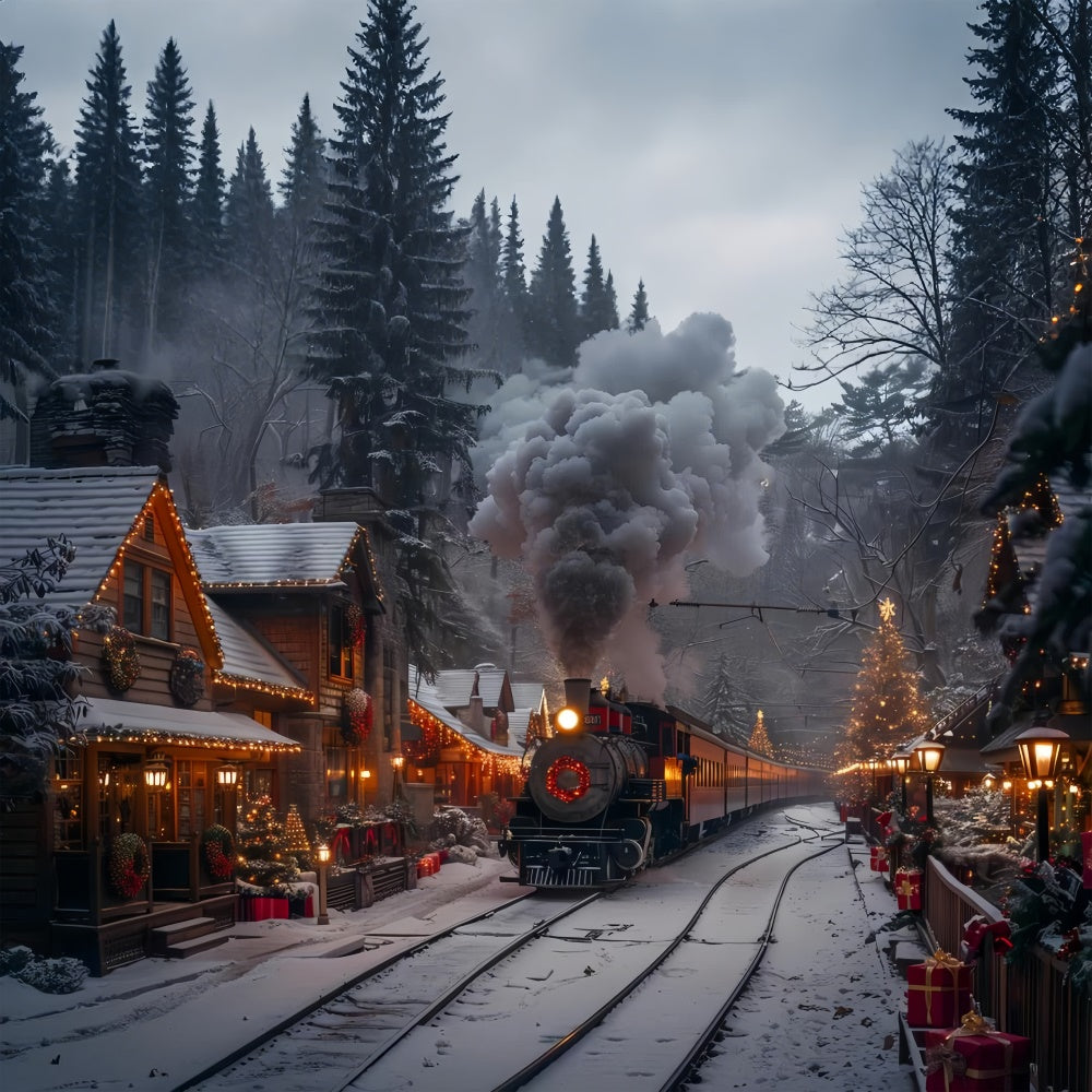 Toile de fond Train à vapeur de Noël et village décoré en hiver BRP9-122