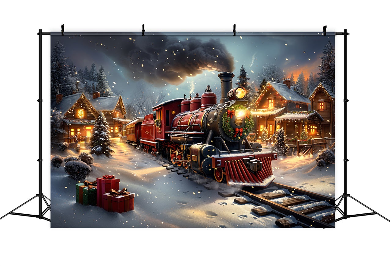 Toile de fond Train classique de Noël et chalet enneigé BRP9-124