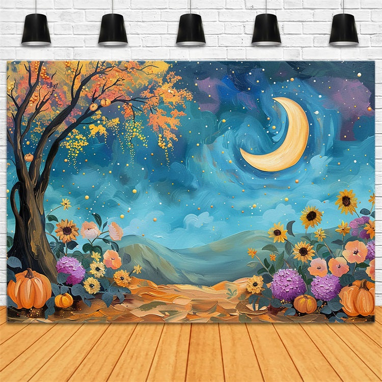 Toile de Fond Ciel Nocturne Mystique Lune Fleurs d'Automne BRP9-130