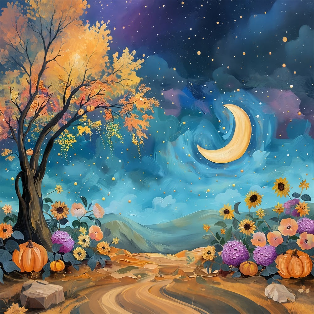 Toile de Fond Ciel Nocturne Mystique Lune Fleurs d'Automne BRP9-130