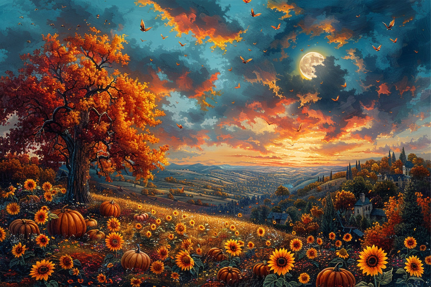 Toile de Fond Arbre d'Automne Tournesols Ciel Lumineux BRP9-135