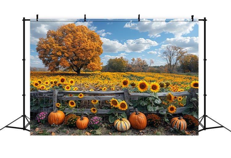 Toile de Fond Champ de Tournesols d'Automne Grand Arbre Citrouilles BRP9-186