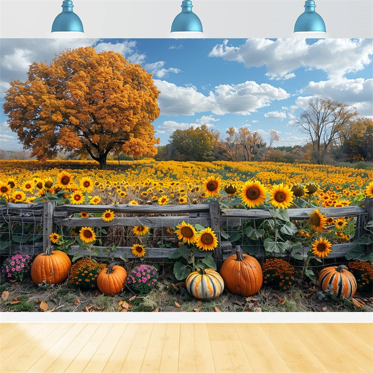 Toile de Fond Champ de Tournesols d'Automne Grand Arbre Citrouilles BRP9-186