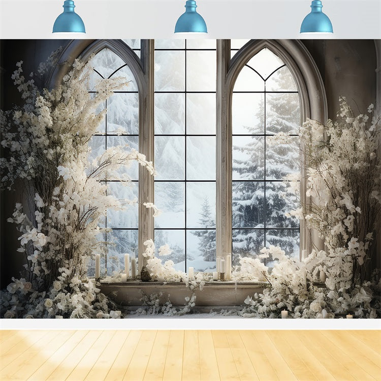 Toile de fond Fenêtre hivernale Pins couverts de neige BRP9-234