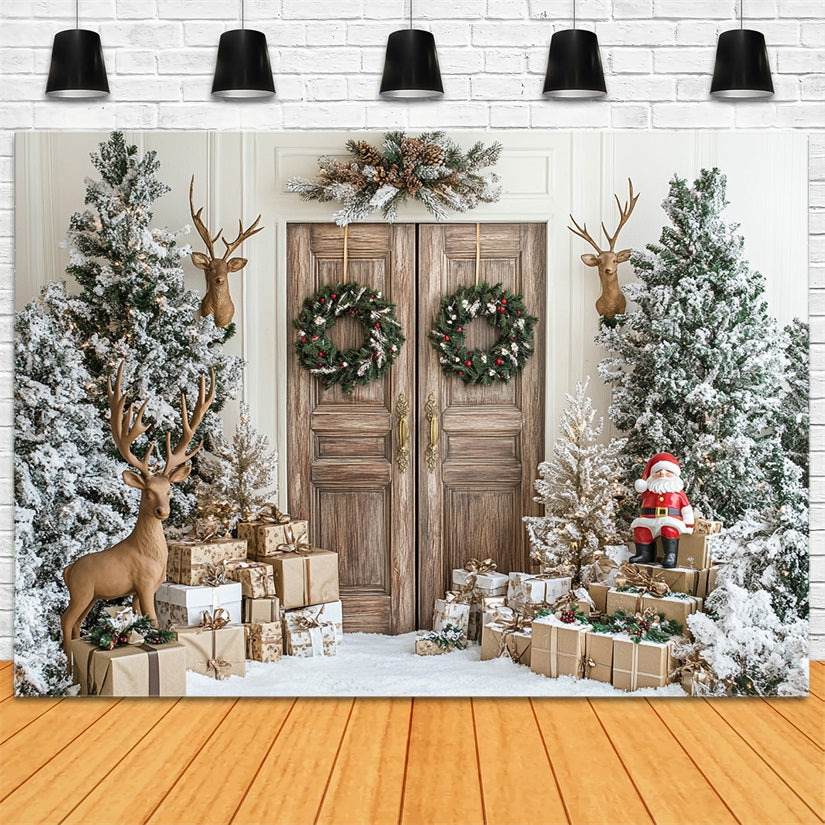 Toile de fond Porte rustique Père Noël Rennes Décor Hiver BRP9-260