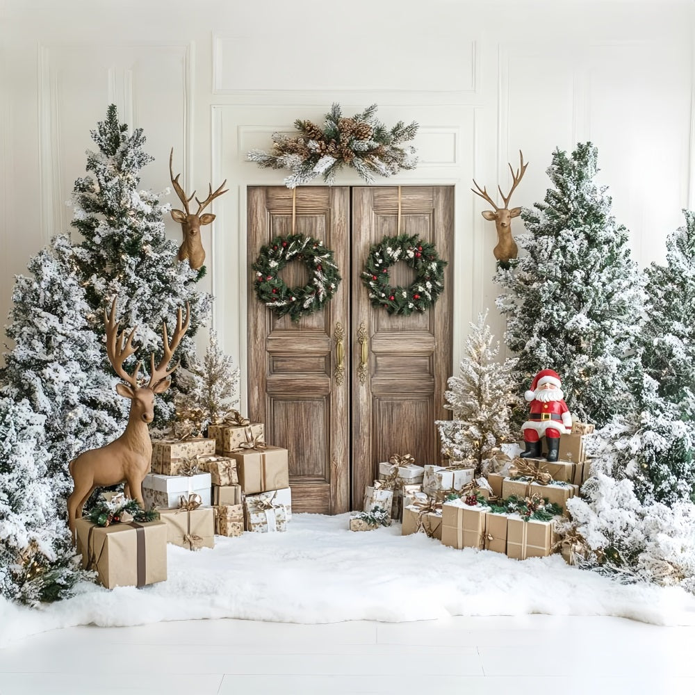 Toile de fond Porte rustique Père Noël Rennes Décor Hiver BRP9-260