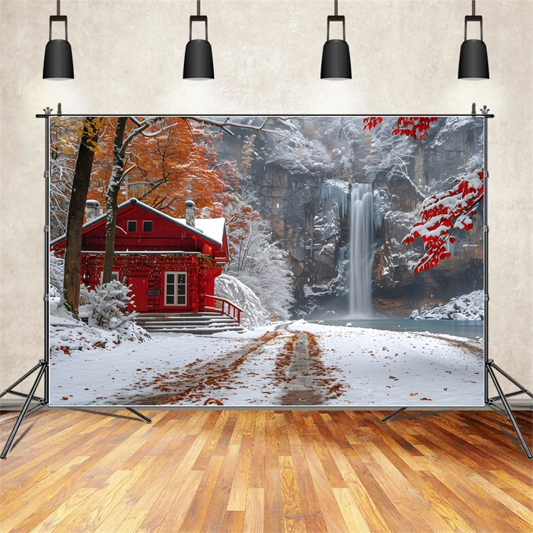 Toile de fond Cabane rouge Enneigée Cascade Hiver BRP9-292