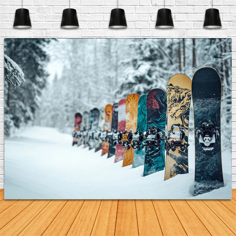 Toile de fond Snowboards colorés Forêt enneigée Hiver BRP9-303