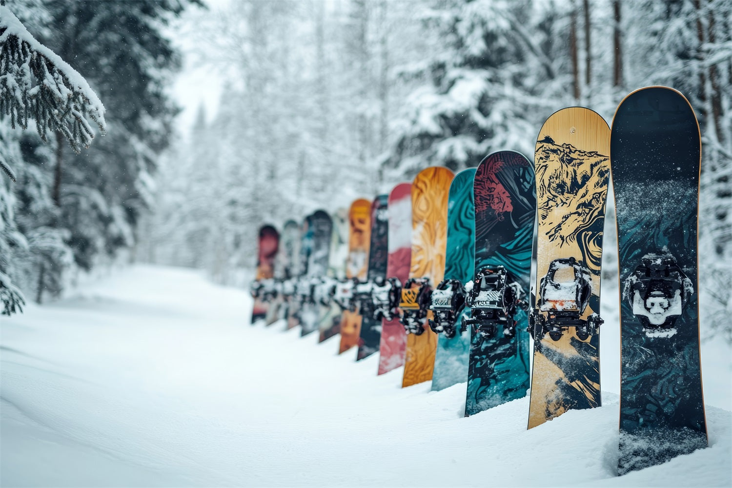 Toile de fond Snowboards colorés Forêt enneigée Hiver BRP9-303