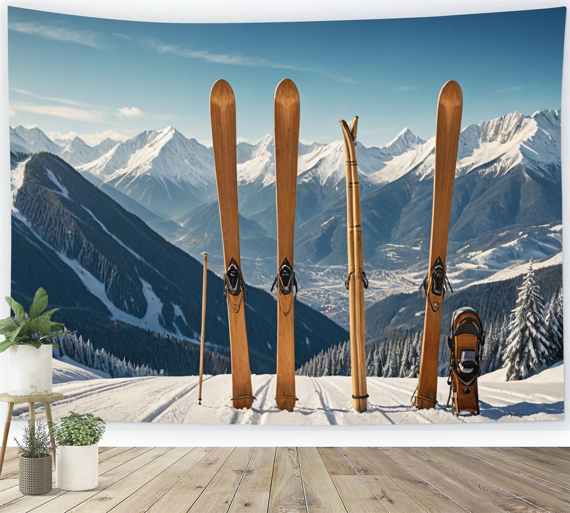 Toile de fond Skis en bois Paysage de montagne hivernale BRP9-304