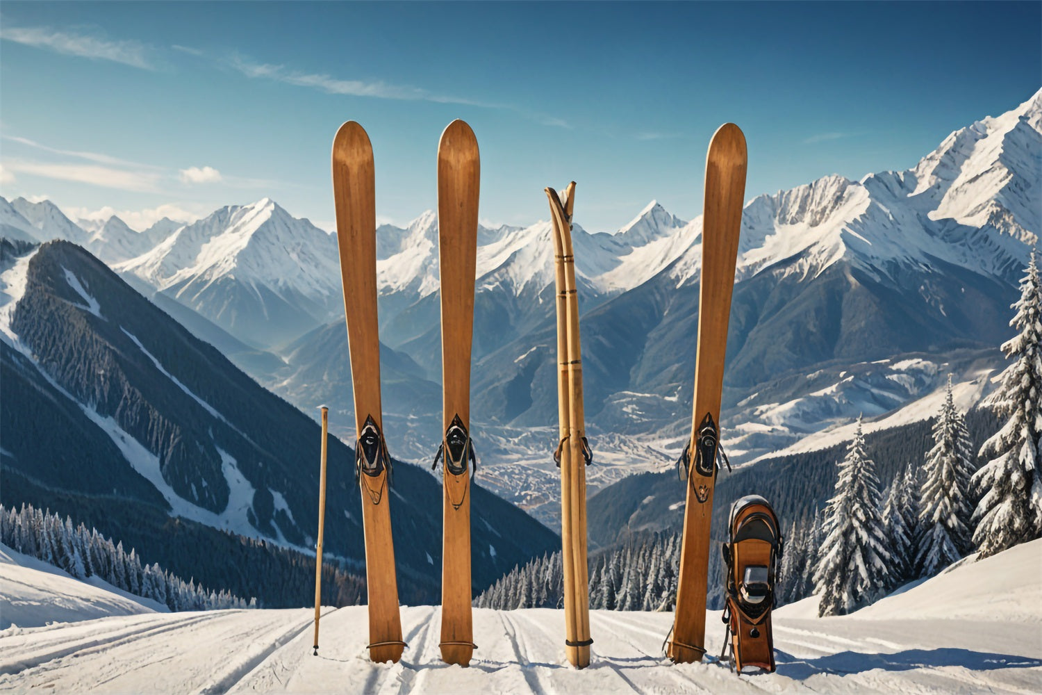 Toile de fond Skis en bois Paysage de montagne hivernale BRP9-304